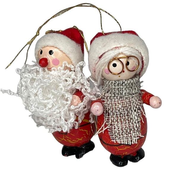 Vintage Wooden Santa and Mrs. Claus Christmas Ornaments - Picture 2 of 11